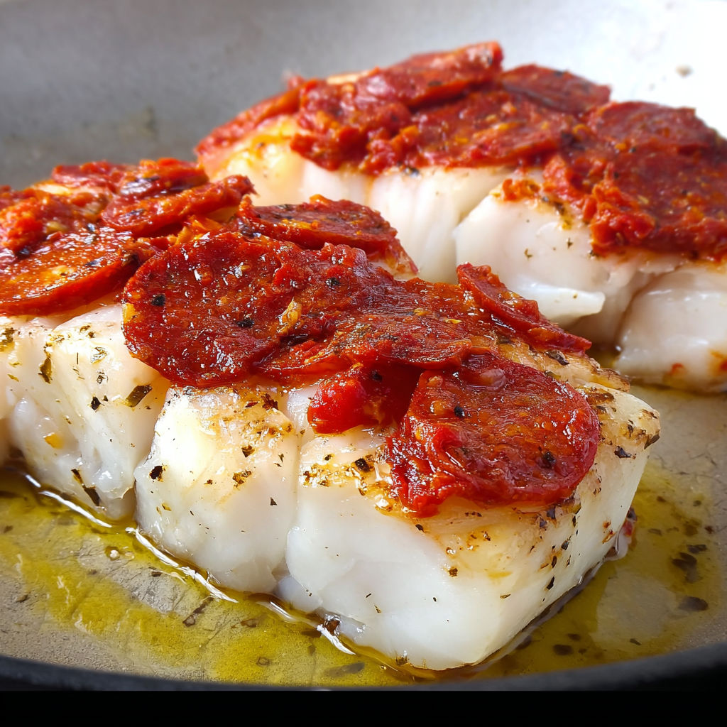Filet de cabillaud doré avec des rondelles de chorizo épicé et des herbes fraîches.