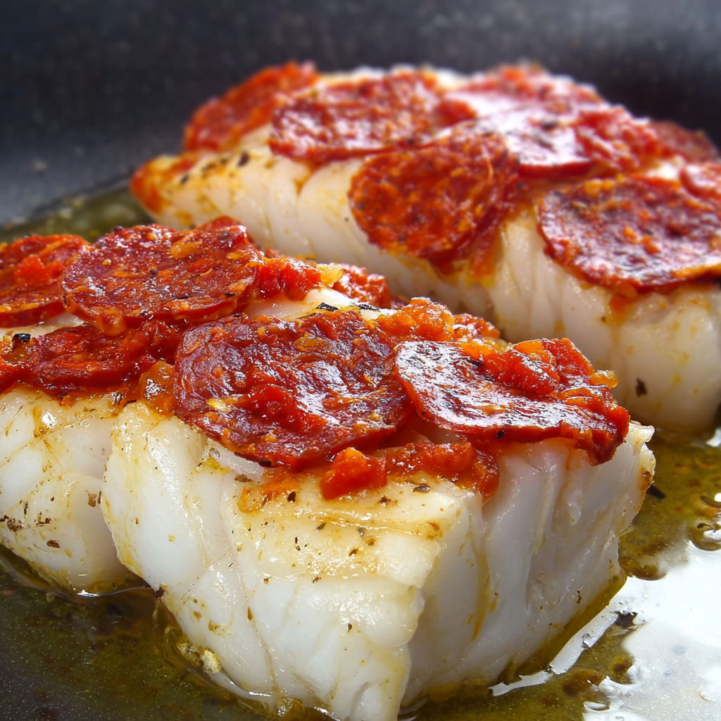 Cabillaud à la poêle avec chorizo et tomates séchées.
