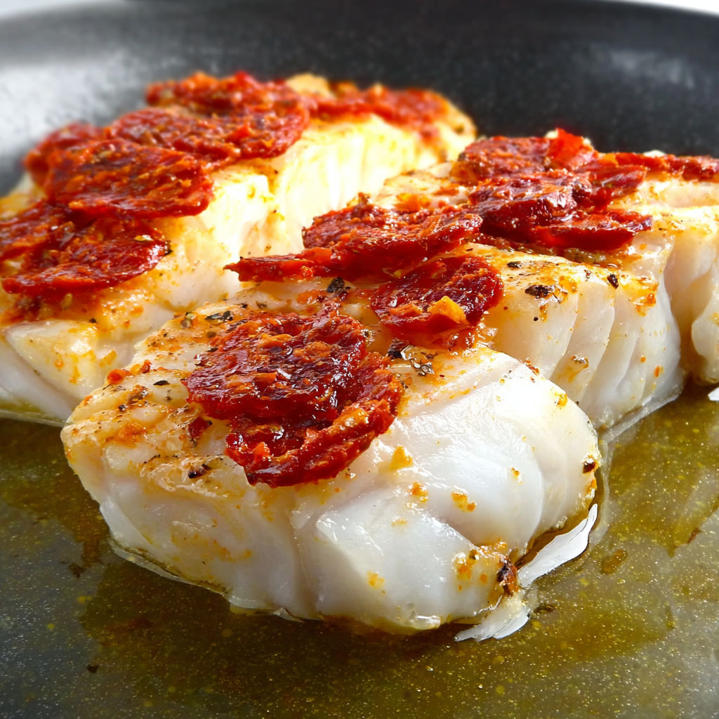 Filet de cabillaud grillé avec chorizo et tomates séchées.
