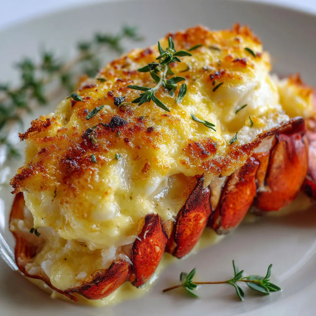 Homard gratiné avec sabayon mousseux et champagne.