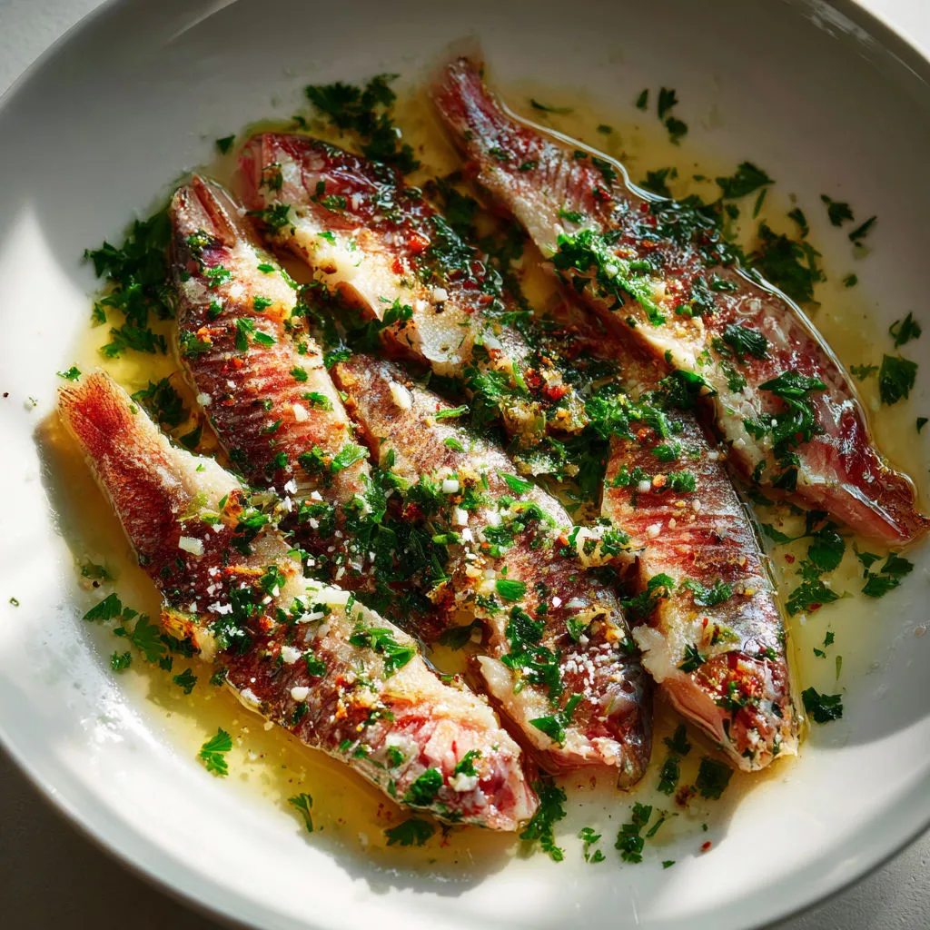 Filets de rouget grillés à l’huile d’olive, ail et persil frais.