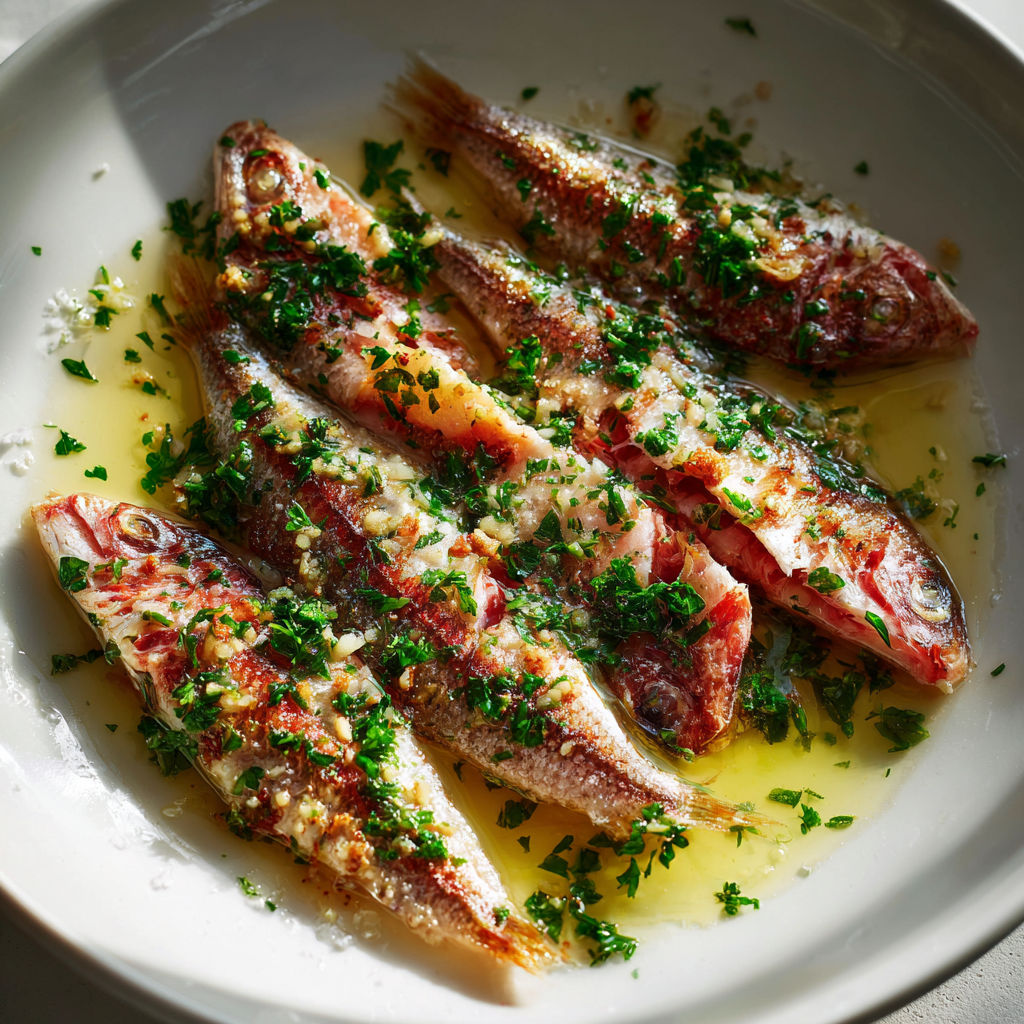 Rougets juste grillés côté peau, parfumés à l’ail et au persil.