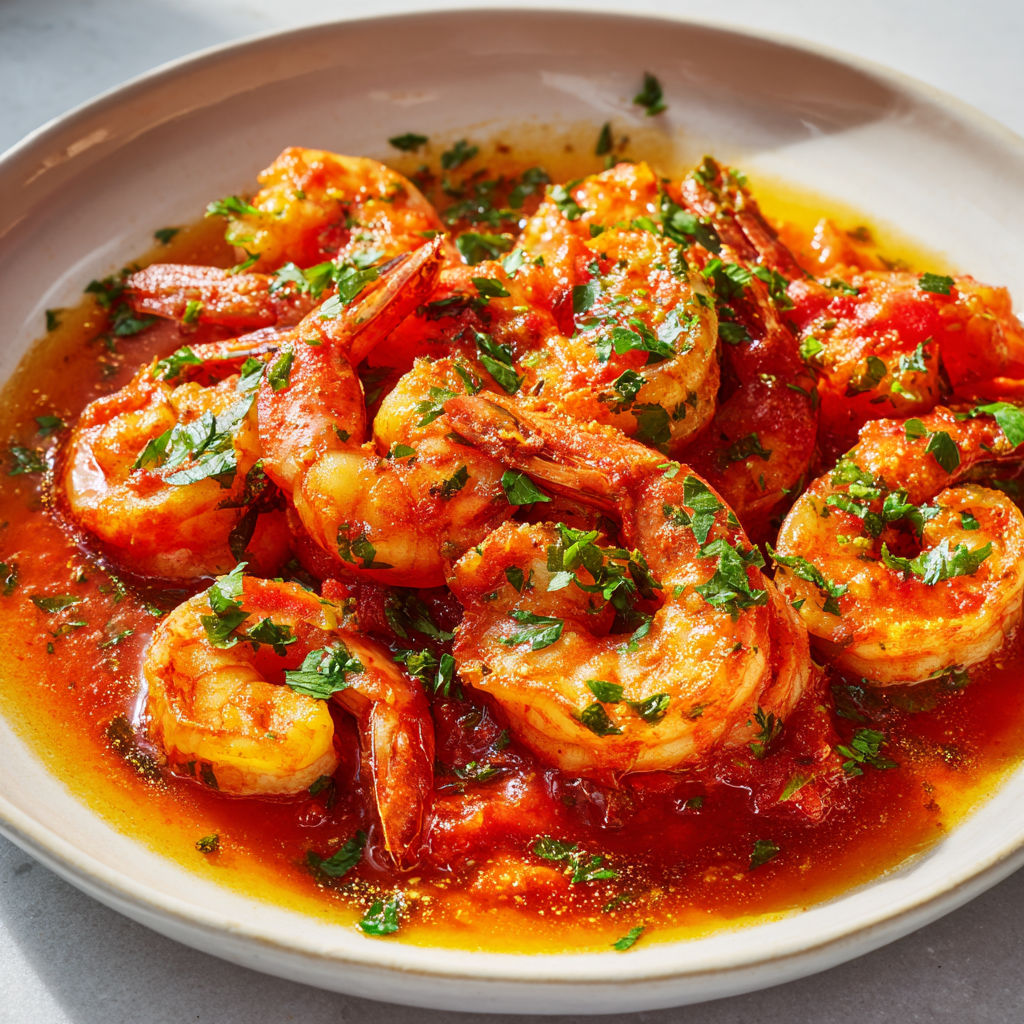 Assiette garnie de crevettes en sauce tomate servie chaude.