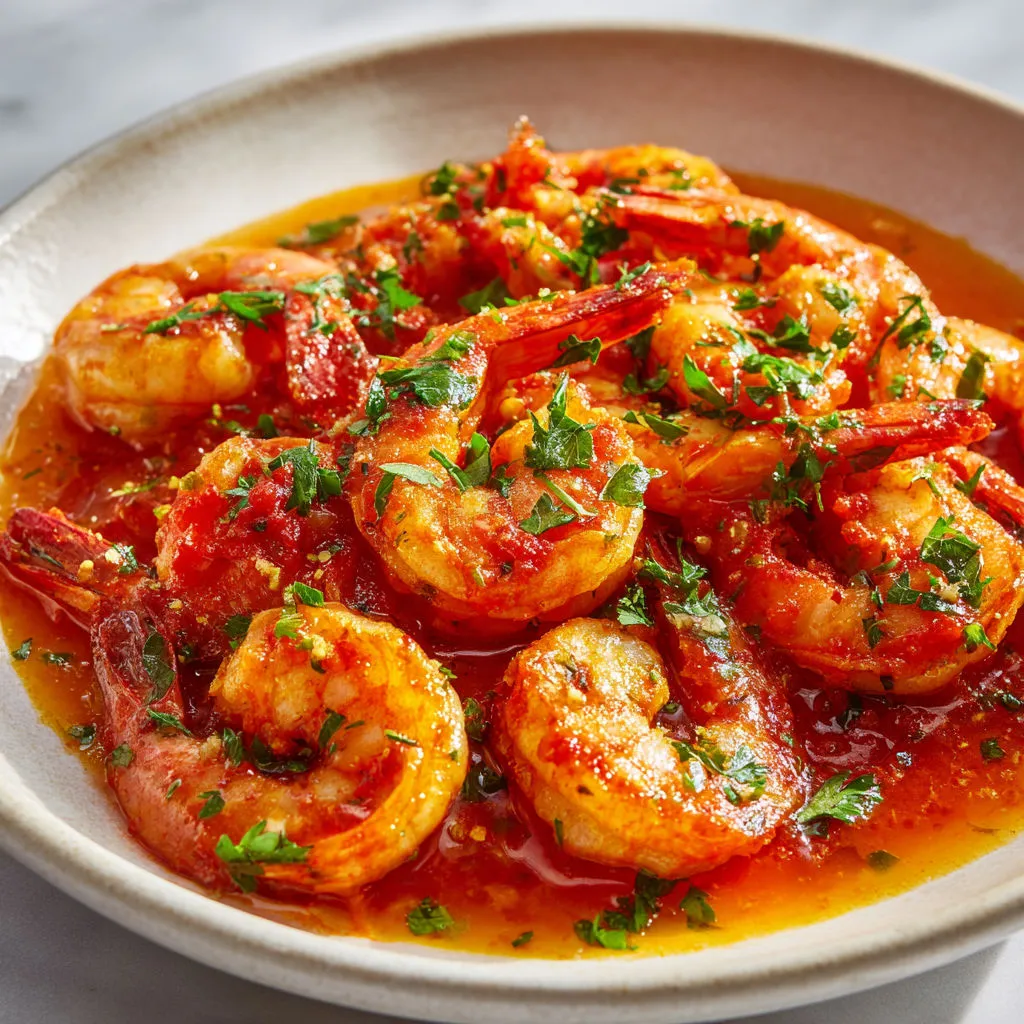 Crevettes fondantes en sauce tomate, coriandre et cumin.