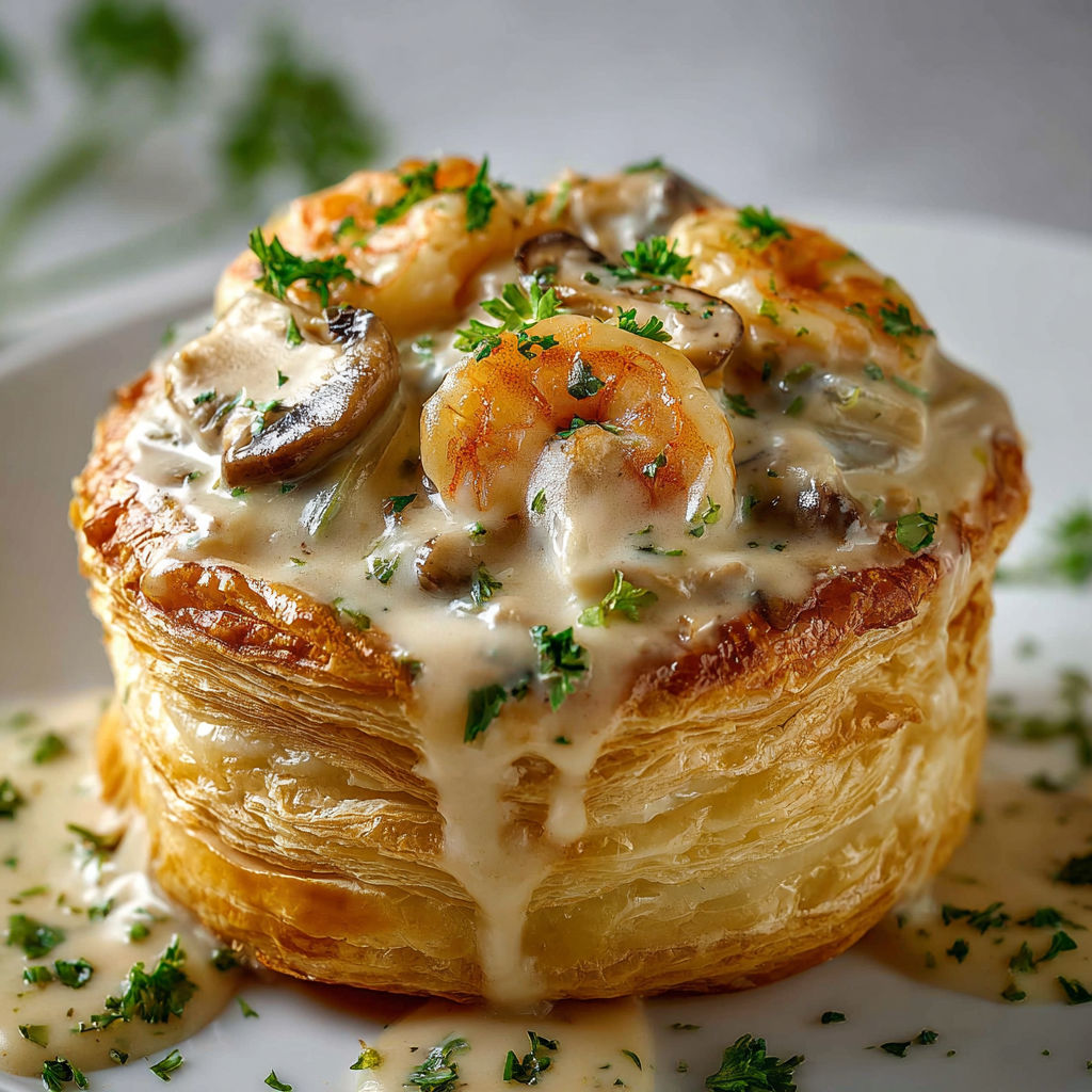 Bouchées à la reine façon tradi avec sauce crémeuse et garniture généreuse.