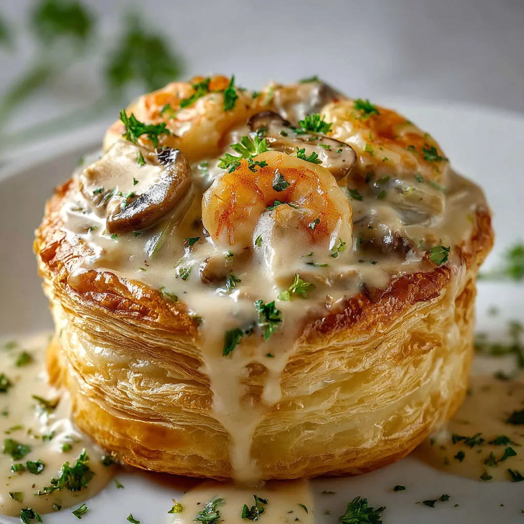 Bouchées à la reine façon tradi avec sauce crémeuse et garniture généreuse.