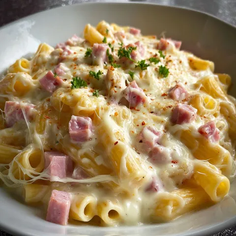 Assiette gourmande de pâtes crémeuses au fromage et jambon.