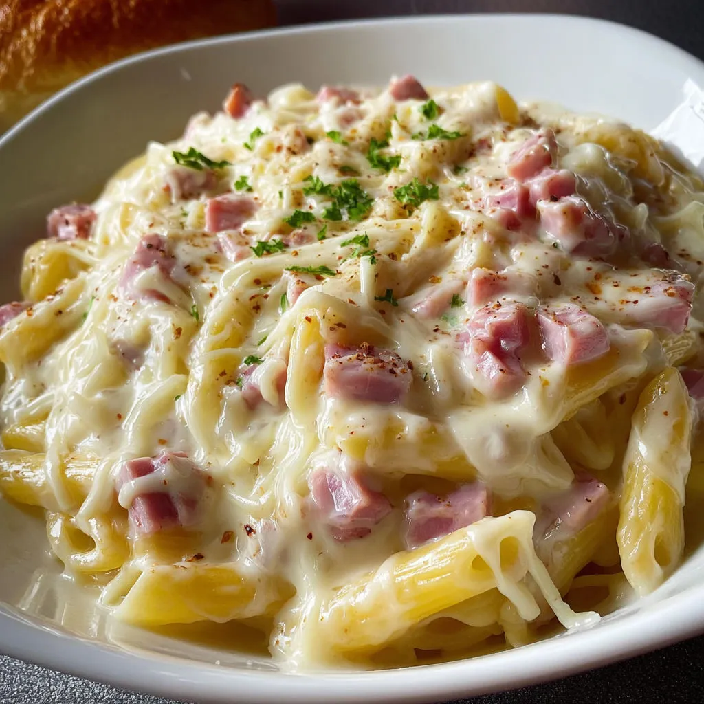 Gratin de pâtes extra fondant au jambon et fromage filant.