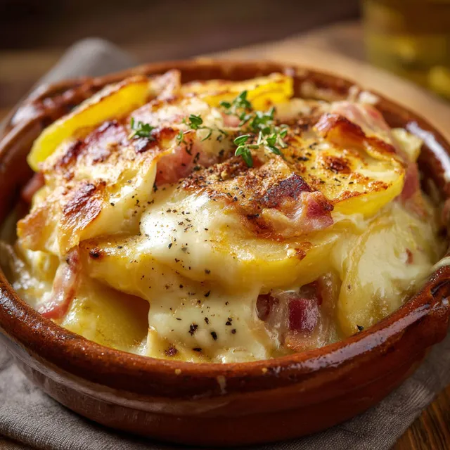 Une tartiflette sortie du four, typique et appétissante.