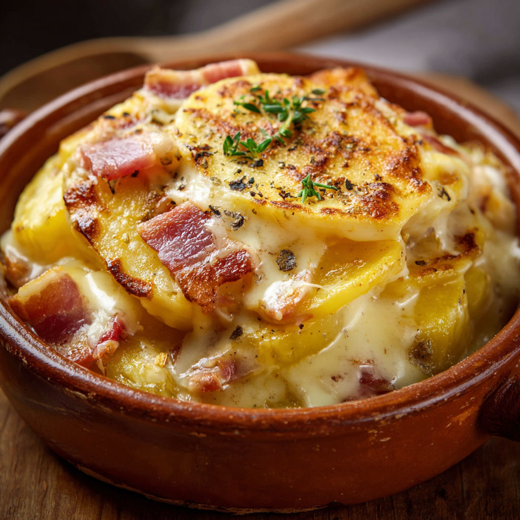 Une tartiflette dorée sortie du four servie dans un joli bol en terre.