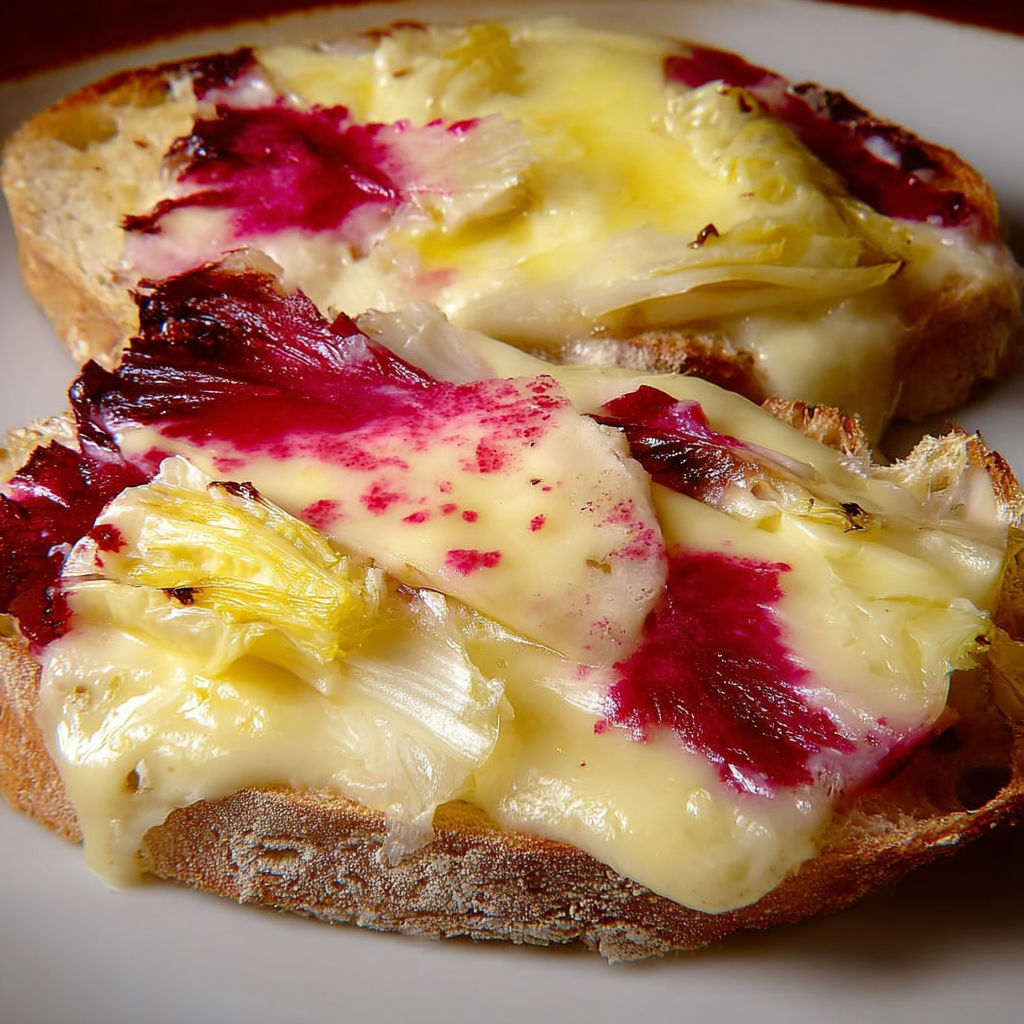 Endives tendres et fromage mont d’or sur pain rustique doré.