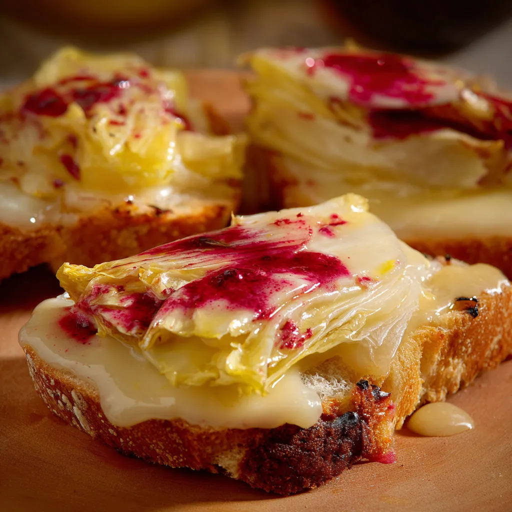 Toast chic endives et fromage coulant sur pain rustique.