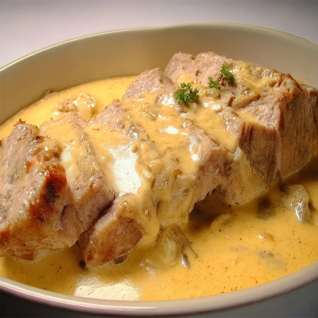 Porc au maroilles dans une sauce savoureuse, décoré d’herbes fraîches.