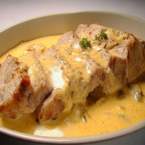 Porc au maroilles dans une sauce savoureuse, décoré d’herbes fraîches.