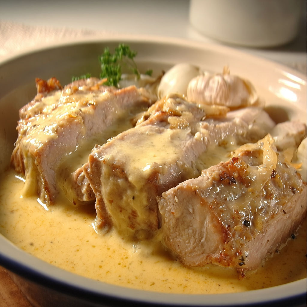 Plat de porc au maroilles, légumes et herbes sur la table.