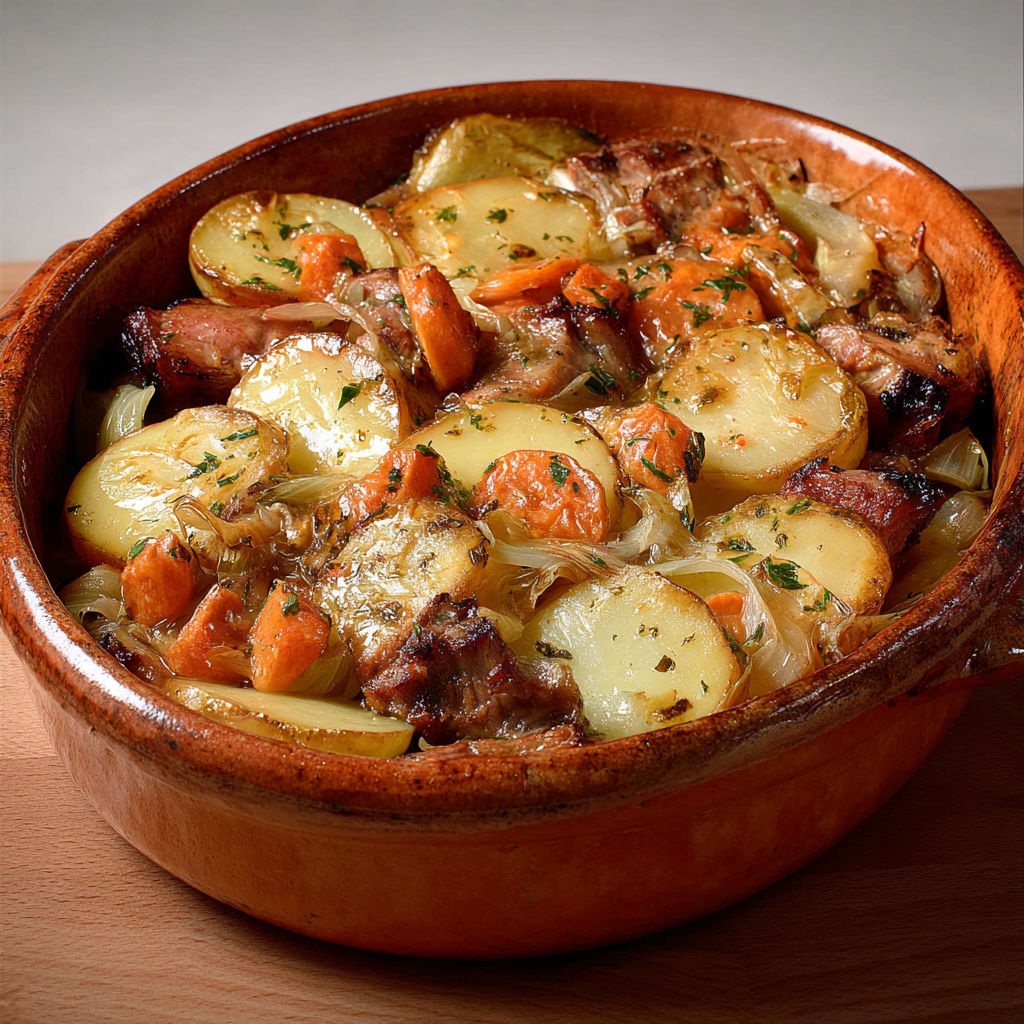 Un délicieux baeckeoffe présenté dans un joli plat en terre.