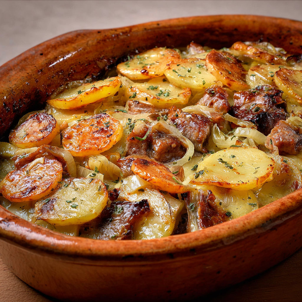 Terrine de baeckeoffe alsacien qui mijote doucement dans le vin blanc et les herbes.