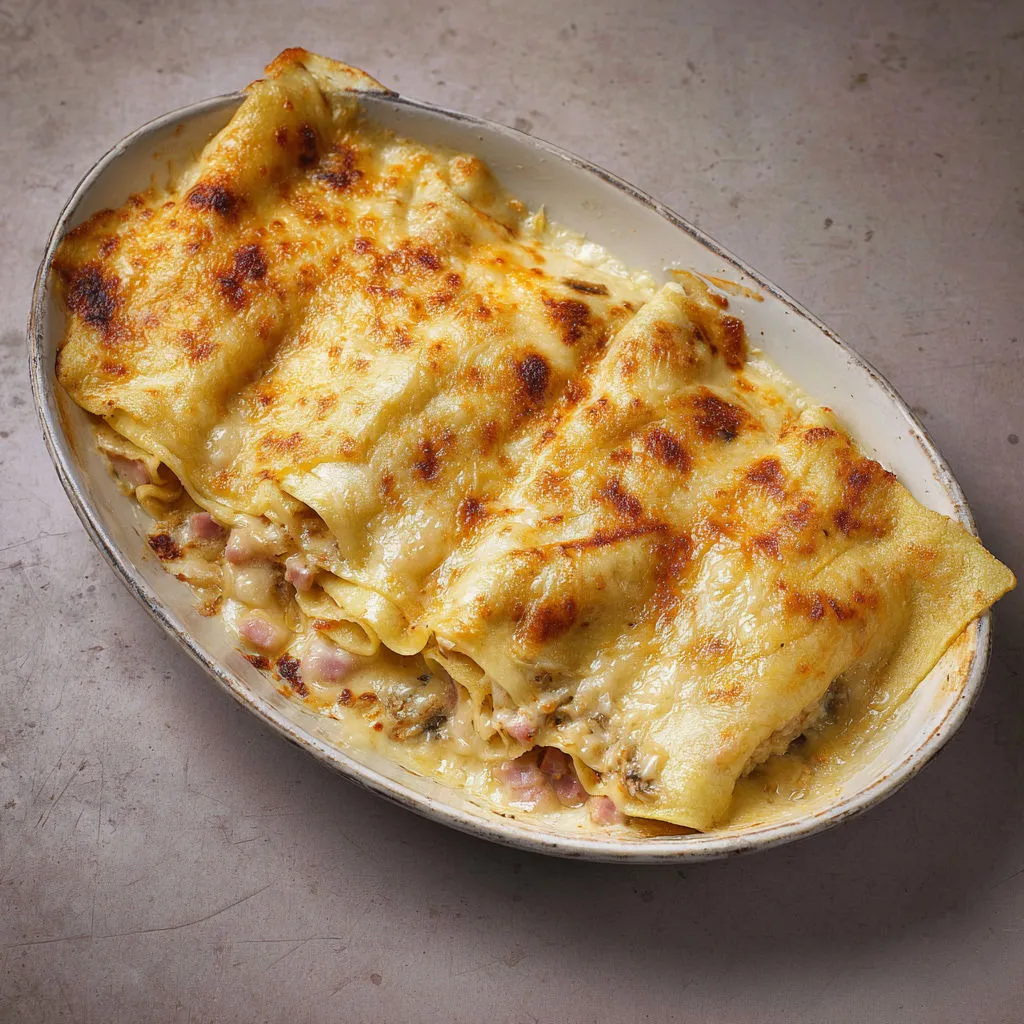 Crêpes gourmandes au jambon nappées d’une béchamel crémeuse et gratinées au four.