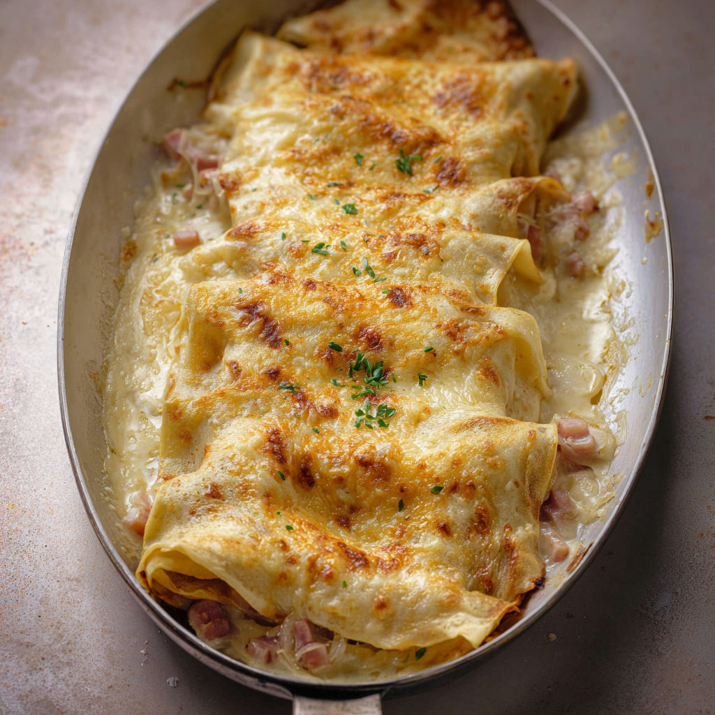 Crêpes salées au jambon moelleuses avec sauce béchamel filante et fromage fondu.