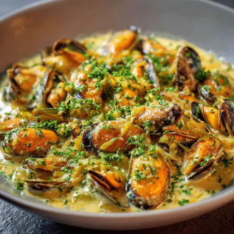 Un plat onctueux de moules aux poireaux servi dans un bol.