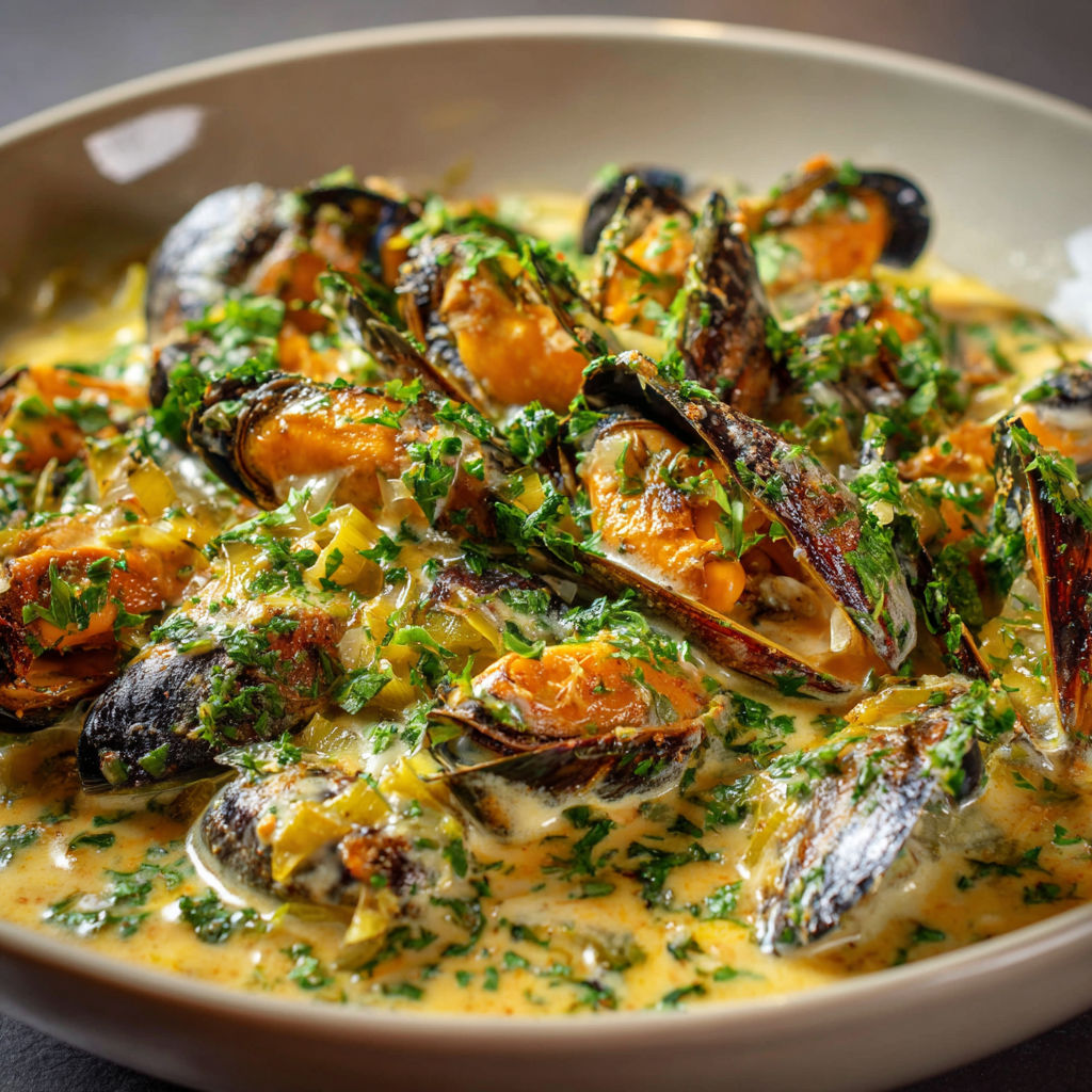 Un bol de moules et de poireaux bien crémeux sur la table.