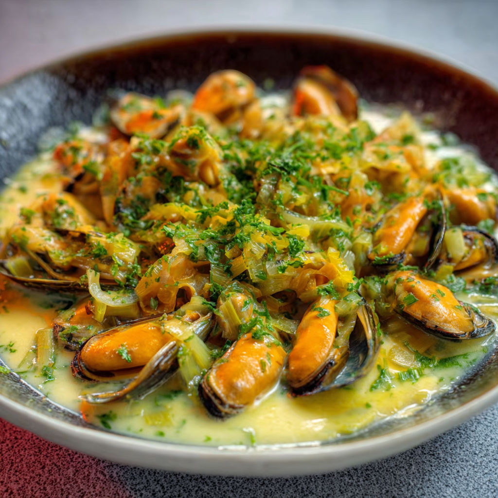 Bol rustique de moules crémées aux poireaux prêtes à être dégustées.