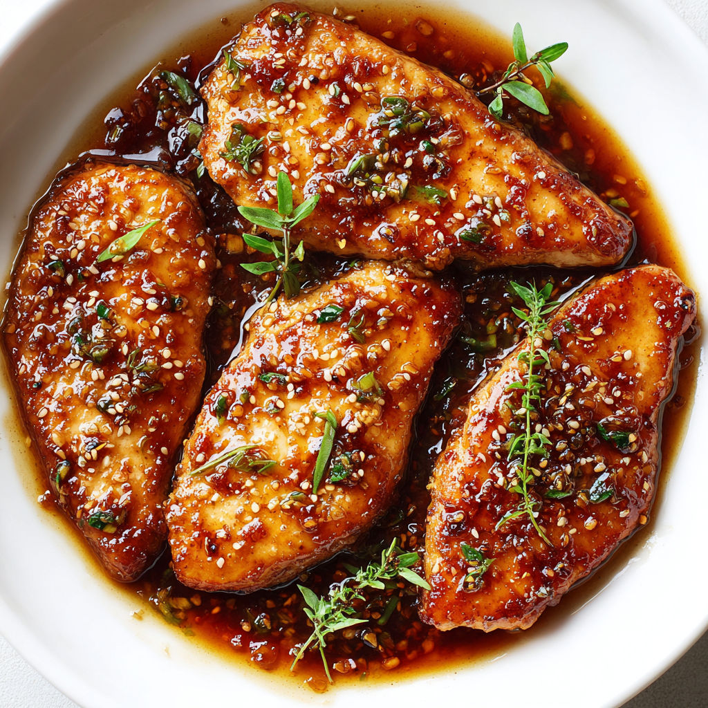 Poulet poêlé bien doré et enrobé dans une sauce miel soja parfumée et brillante.