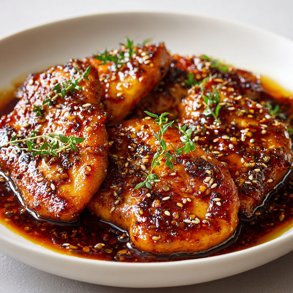 Poulet tendre enrobé de sauce soja sucrée, miel et ail fondant.