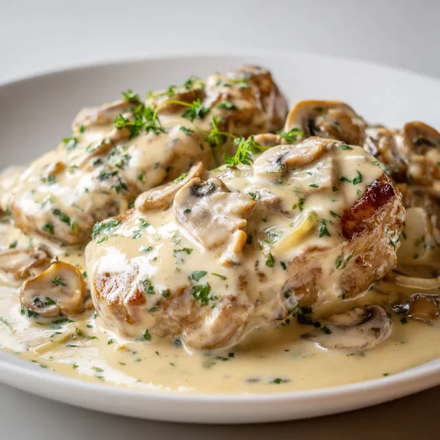 Une assiette blanche avec un escalope tendre nappée de crème.