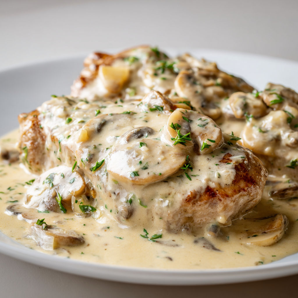 Plat d’escalope de veau à la crème sur une assiette.