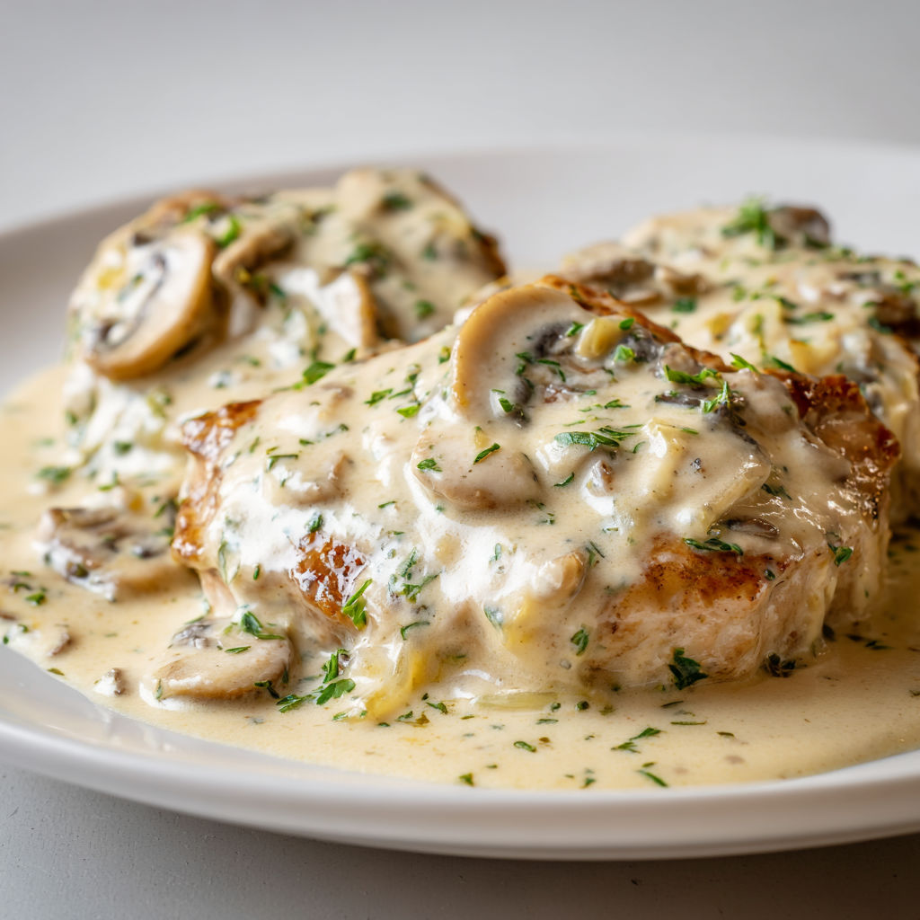 Plat d’escalope de veau à la crème sur une assiette.