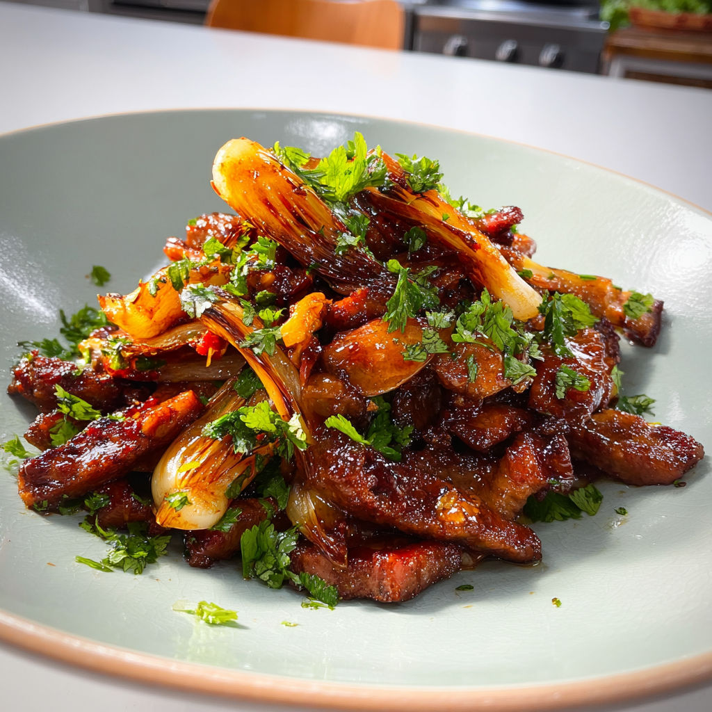 Un wok appétissant d’échine de porc et d’endives dorées, prêt à déguster.