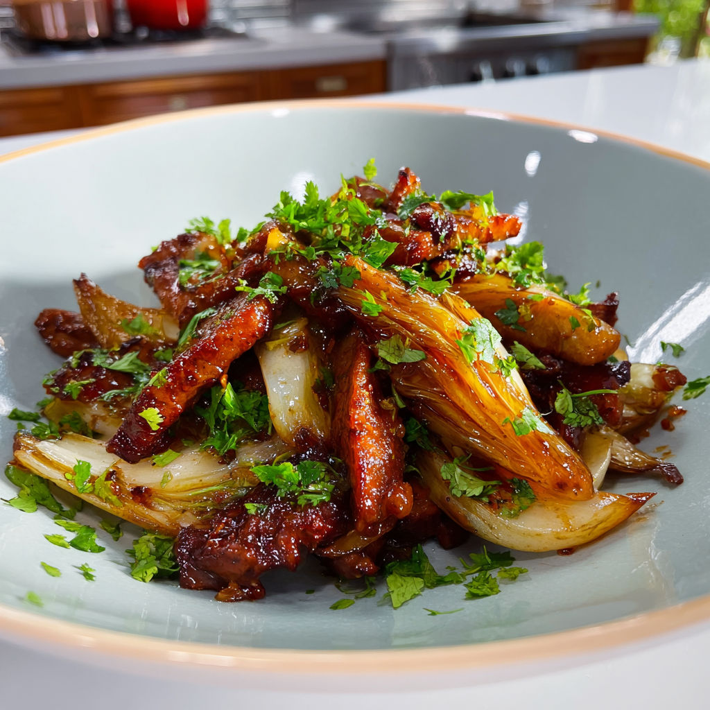 Échine de porc sautée aux endives et sauce soja, touche de coriandre.