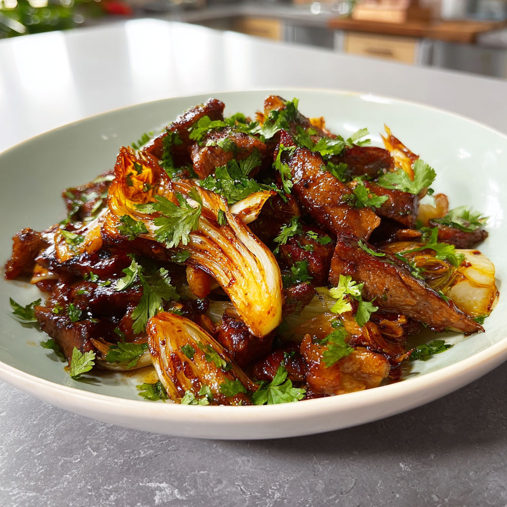 Porc et endives, wok généreux aux saveurs asiatiques douces salées.