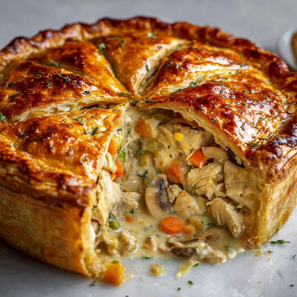 Une tourte appétissante au poulet est disposée sur une table.