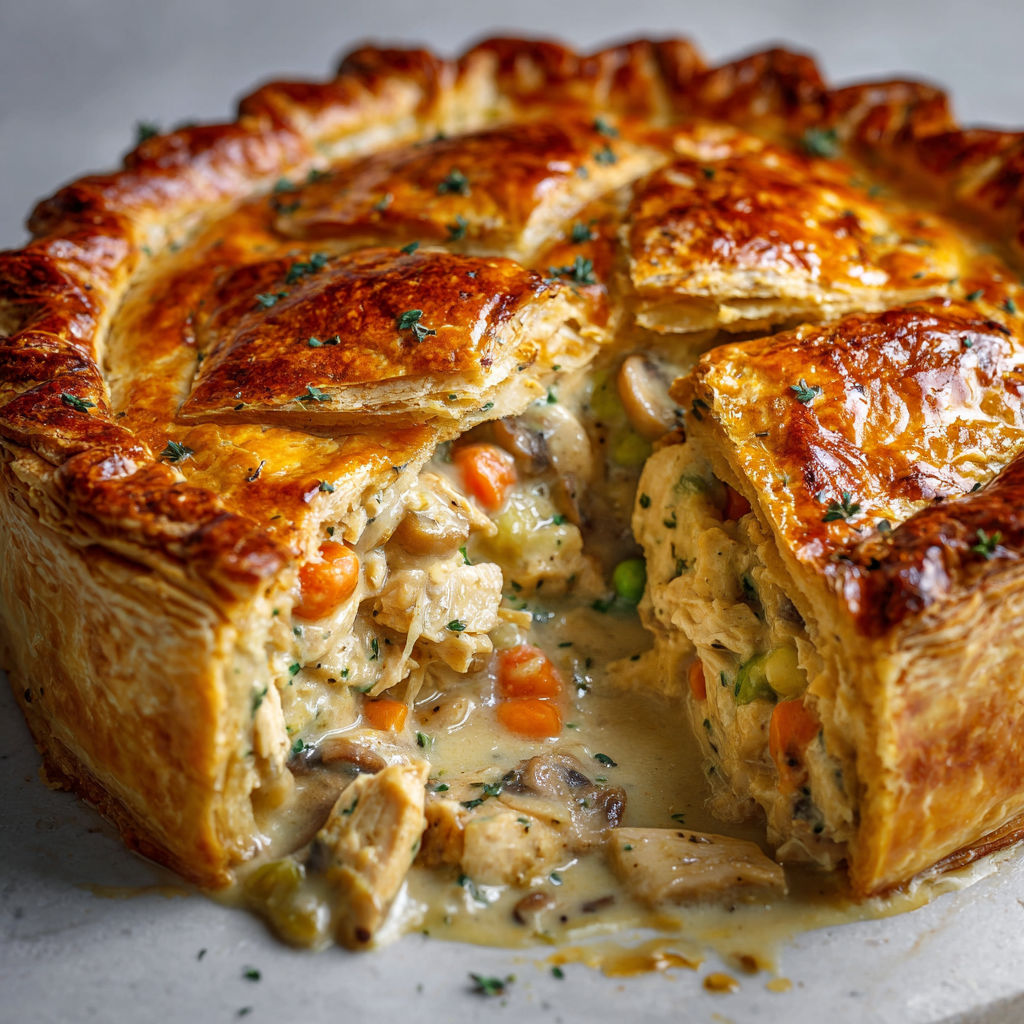 Tourte au poulet gourmande et fondante avec plein de légumes et de crème moelleuse.