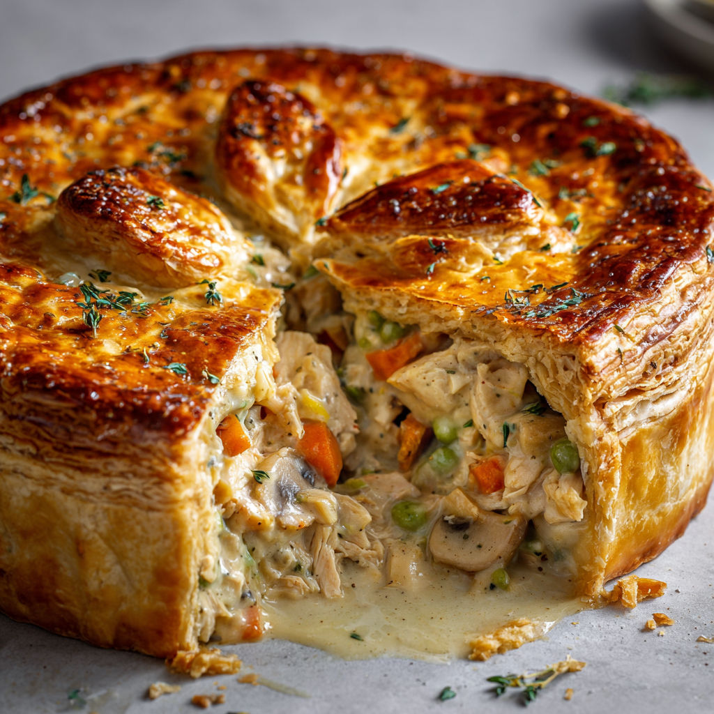 Tourte croustillante au poulet et petits légumes entourée de pâte feuilletée dorée.