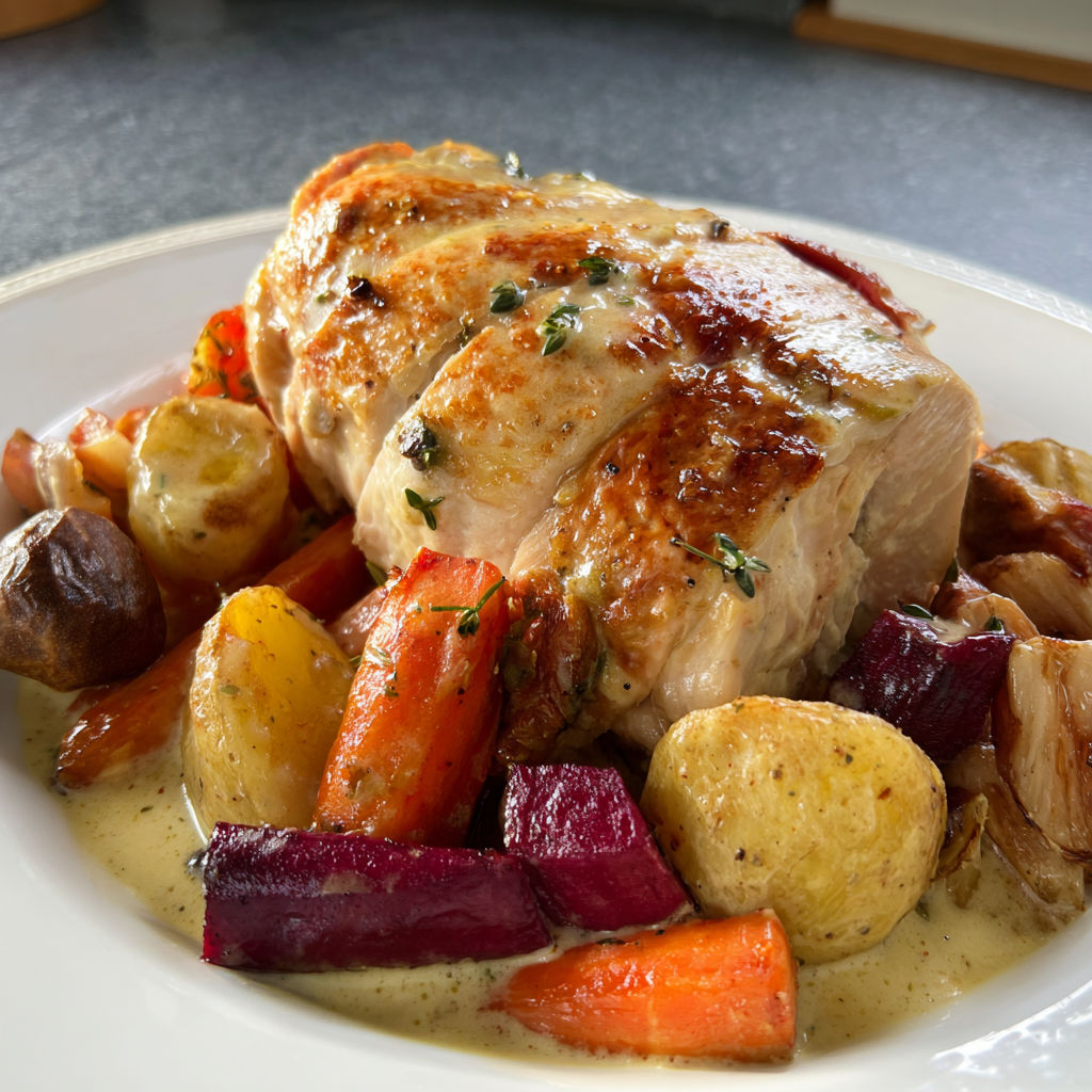 Volaille au riesling et légumes gourmands, accompagnée de sauce, herbes fraîches et châtaignes moelleuses.
