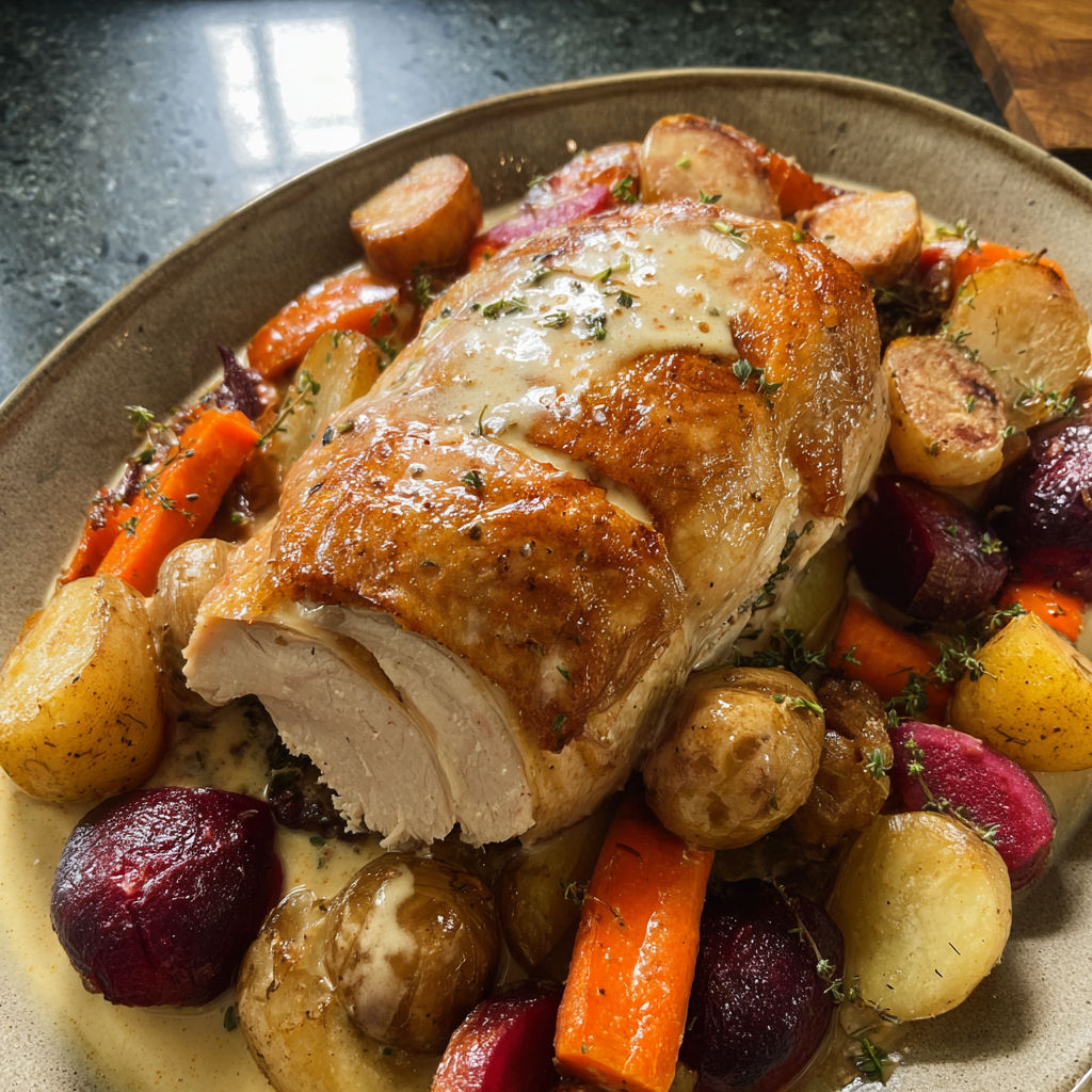 Chapon au riesling et légumes d'hiver, plat coloré et généreux servi sur un grand plat en céramique.