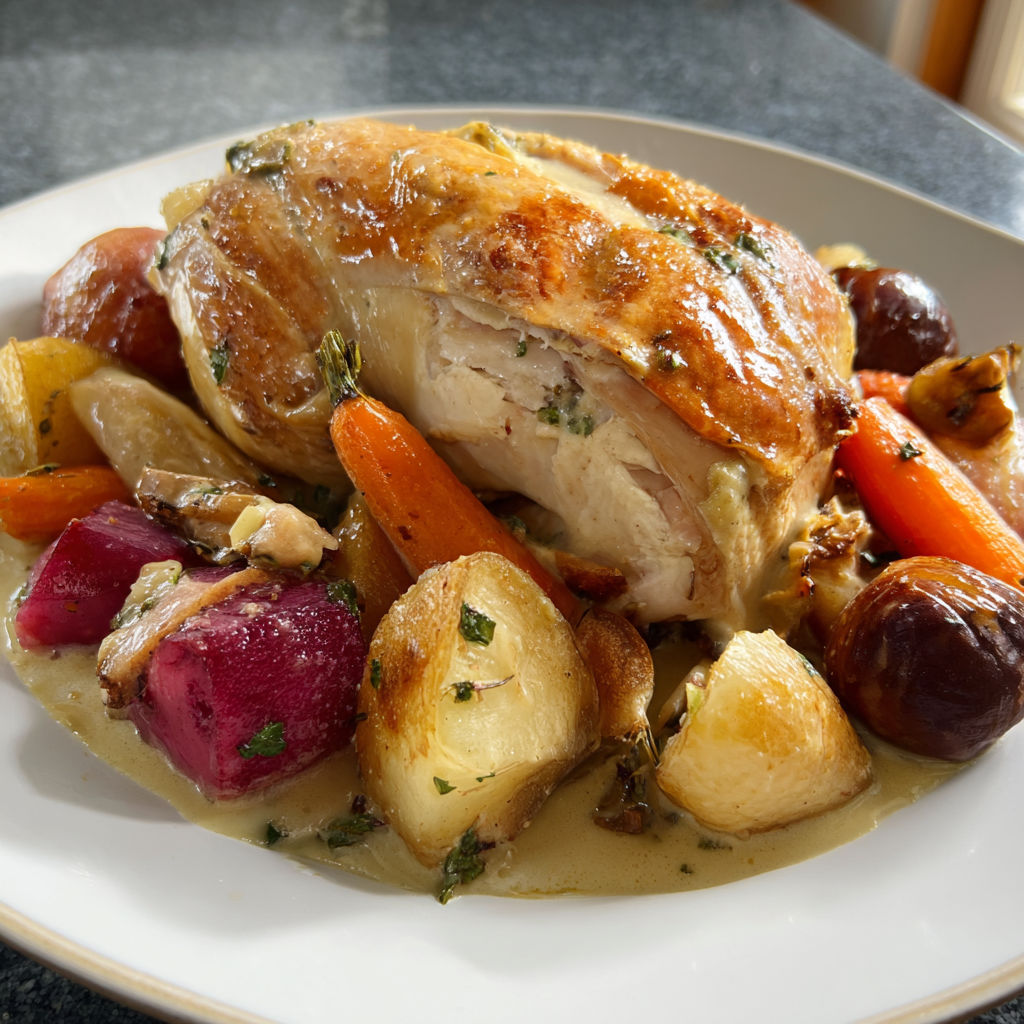 Chapon au riesling et légumes d'hiver, plateau gourmand de légumes rôtis et chapon, nappé de sauce au vin blanc.