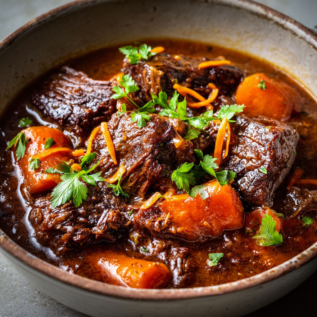 Un délicieux plat de carottes et boeuf servi dans un bol en céramique.