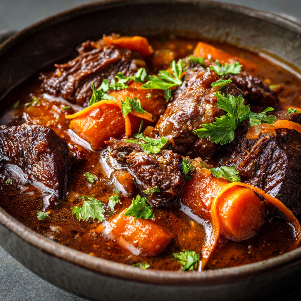 Une cocotte pleine de viande, carottes et herbes servie bien chaude en bol en terre.