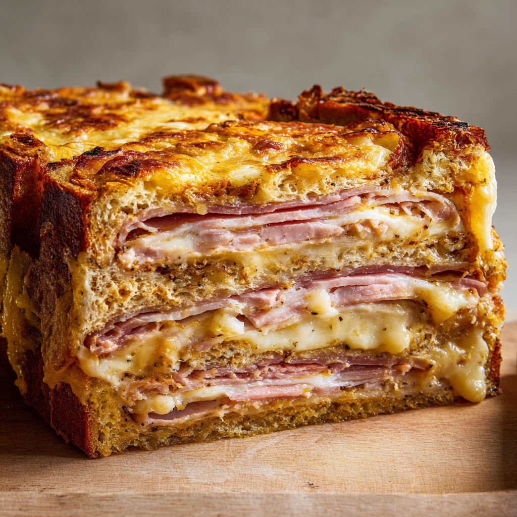 Un cake jambon fromage présenté sur une table.