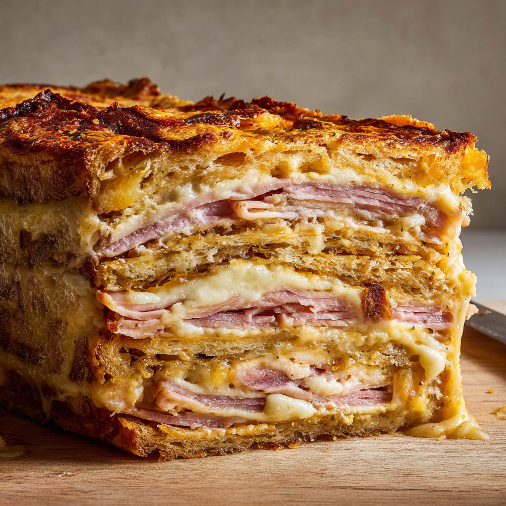 Croque Cake fondant au comté et jambon maison.