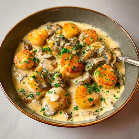 Pétoncles tendres et champignons en sauce crémeuse servis joliment dans un bol.