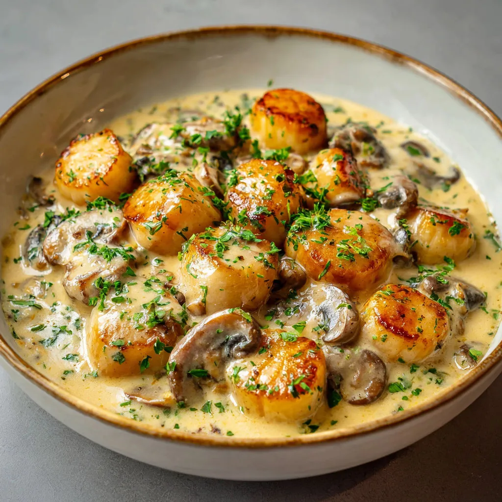 Plat crémeux de pétoncles et champignons fondus.