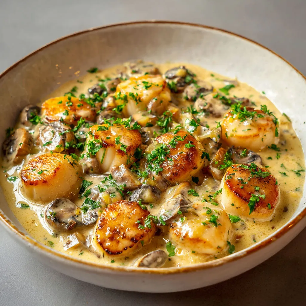 Pétoncles poêlés nappés de sauce crémeuse aux champignons.