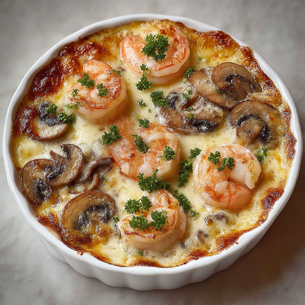 Une assiette garnie de crevettes et champignons nappés de fromage fondu et herbes fraîches.