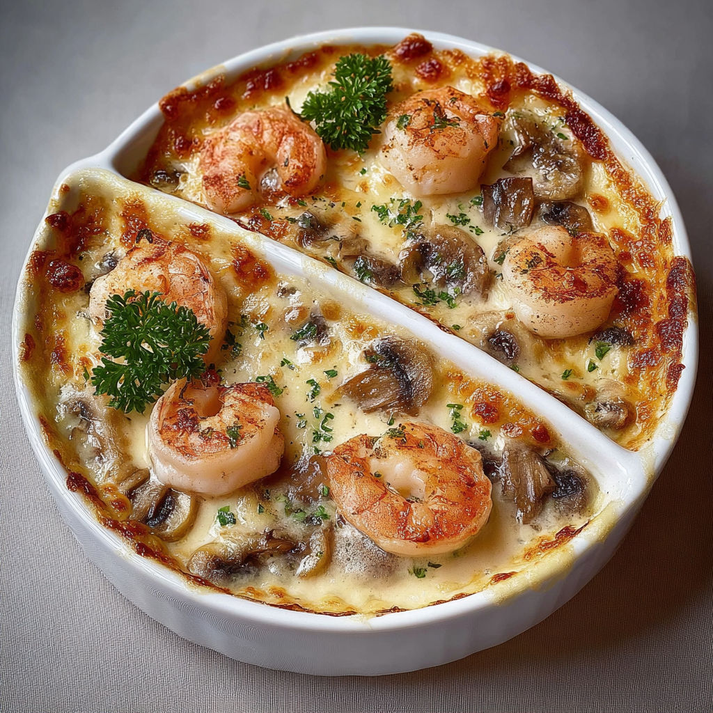 Gratin fondant aux crevettes et champignons sous une couche dorée.