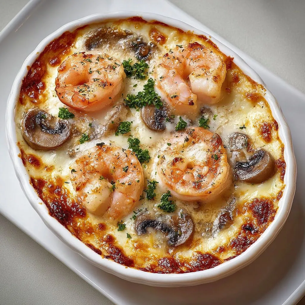 Plat gratiné de crevettes et champignons nappés de sauce crémeuse.